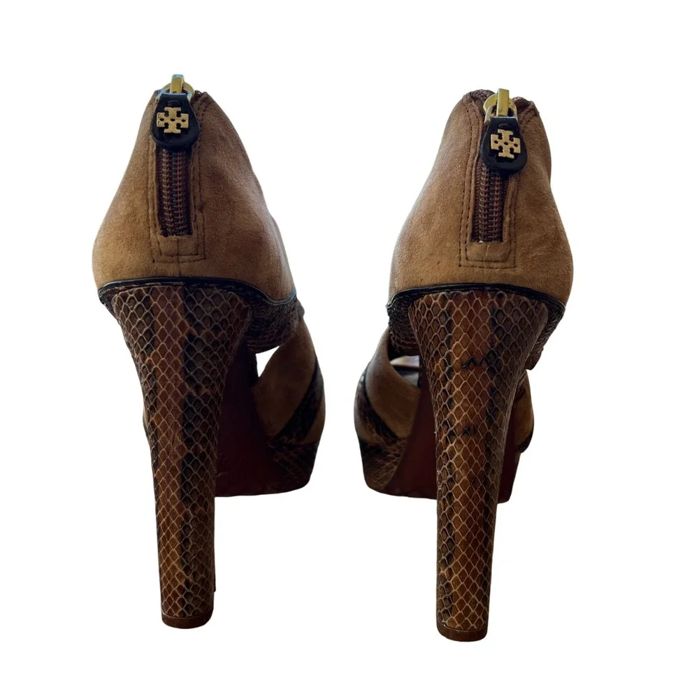 Tory Burch Suede Snakeskin Platform‎ Heels Peep Toe Sandals 7.5M Brown MSRP $425